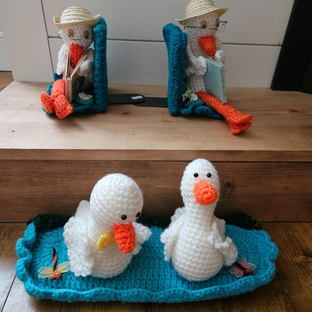 Handmade Crocheted Granny Goose Duck Bookends Reading Pond Scene Dragonflies Set